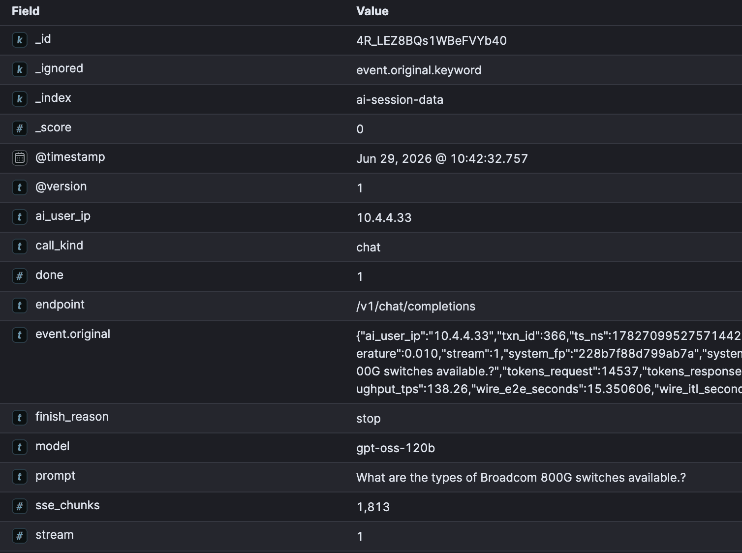 Transaction metadata view showing a structured field-value record